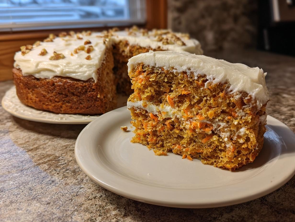 A thick slice of moist carrot cake with visible shredded carrots, topped with cream cheese frosting and pecans.