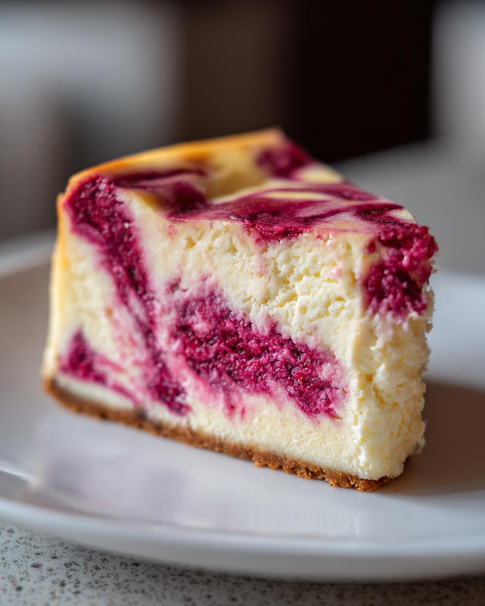 Close-up of a single slice of creamy raspberry cheesecake showing vibrant pink swirls on a white plate.