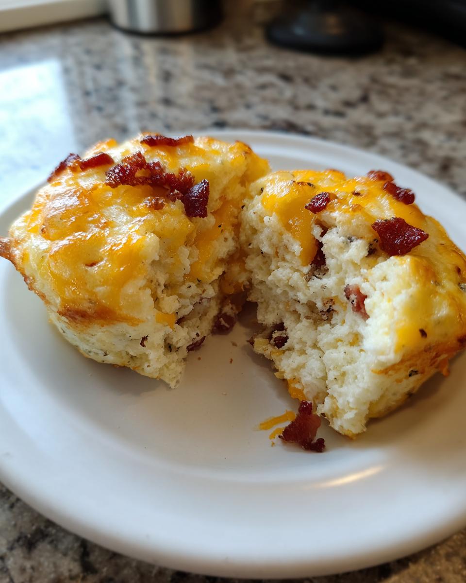 A fluffy, cheesy egg bites portion cut in half, showing the interior texture and bacon pieces.