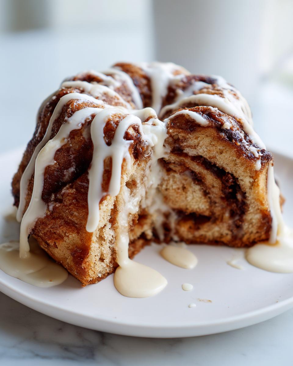 A slice cut from a fluffy cinnamon roll cake recipe, generously drizzled with white cream cheese icing.