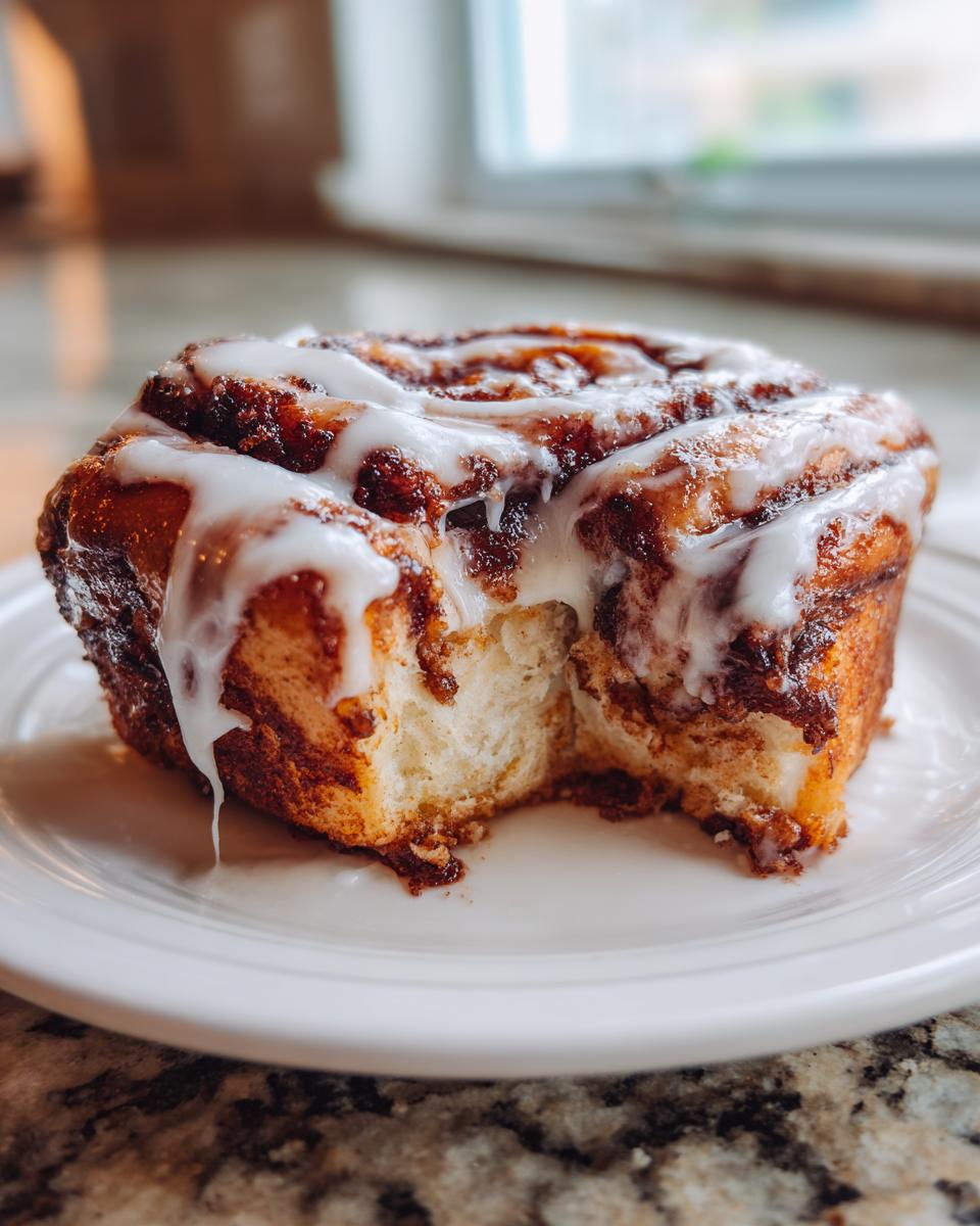 Close-up of a fluffy piece of cinnamon roll cake recipe with thick white icing dripping down the sides.