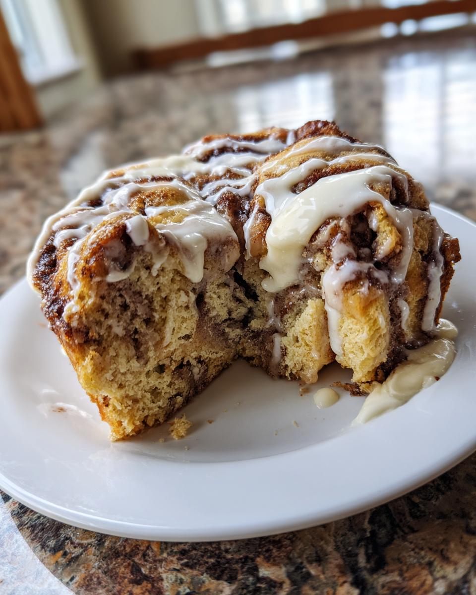A cross-section view of a fluffy cinnamon roll cake recipe slice topped with thick white icing.