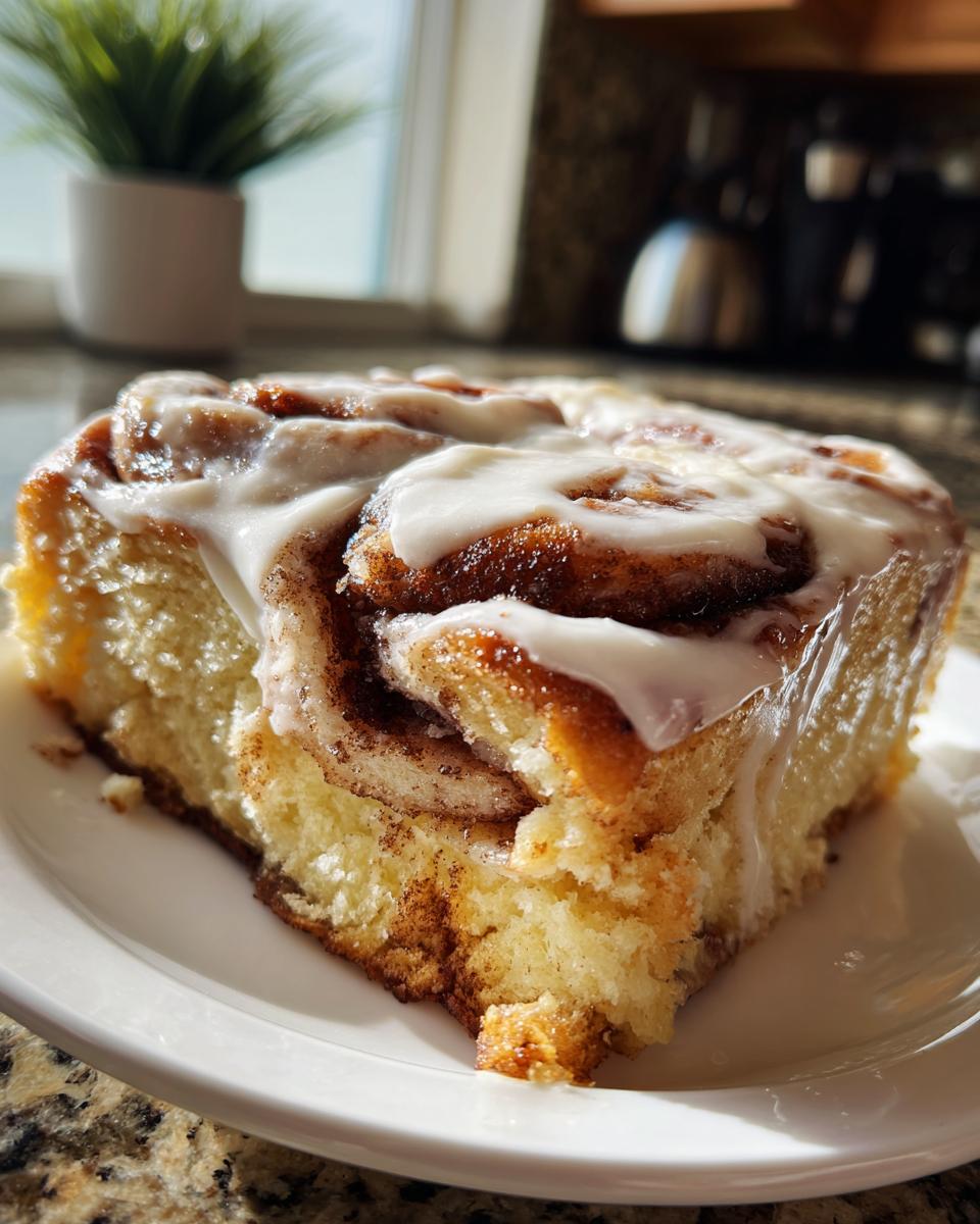 Close-up of a fluffy slice of cinnamon roll cake, generously topped with white icing.