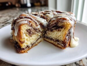 Close-up of a fluffy cinnamon roll cake recipe slice cut in half, drizzled with white icing.