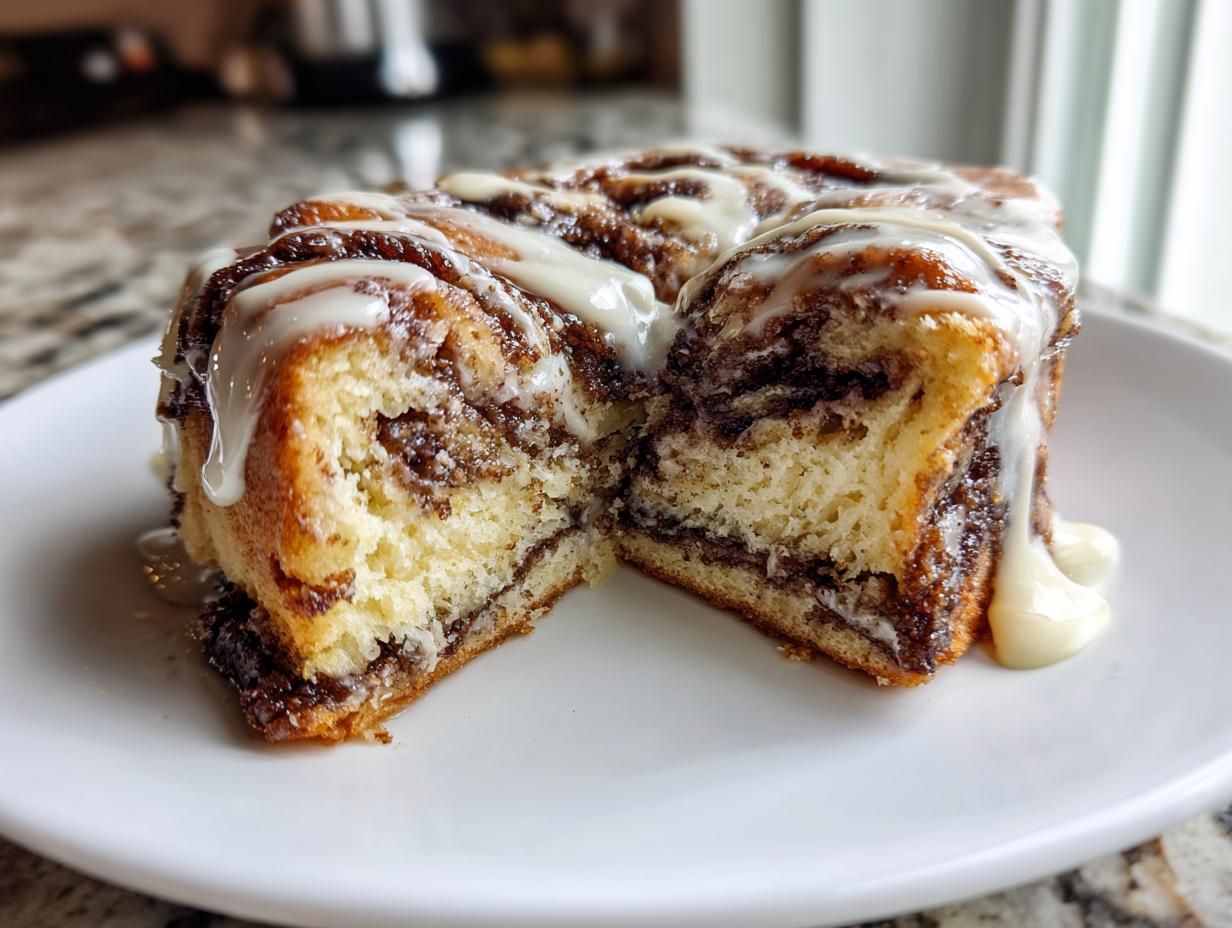 Close-up of a fluffy cinnamon roll cake recipe slice cut in half, drizzled with white icing.