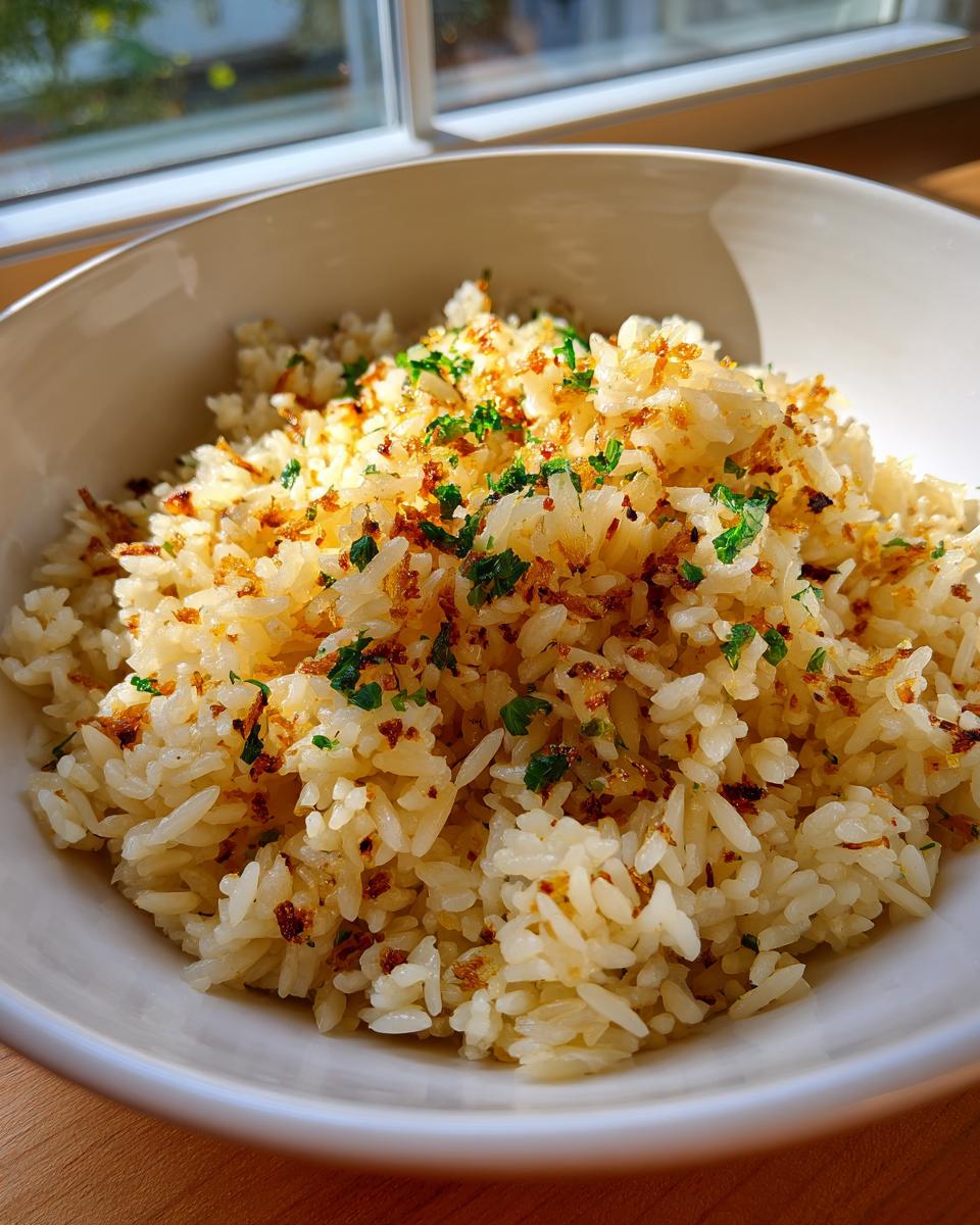 Close-up of fluffy rice pilaf topped with crispy fried onions and fresh parsley in a white bowl.