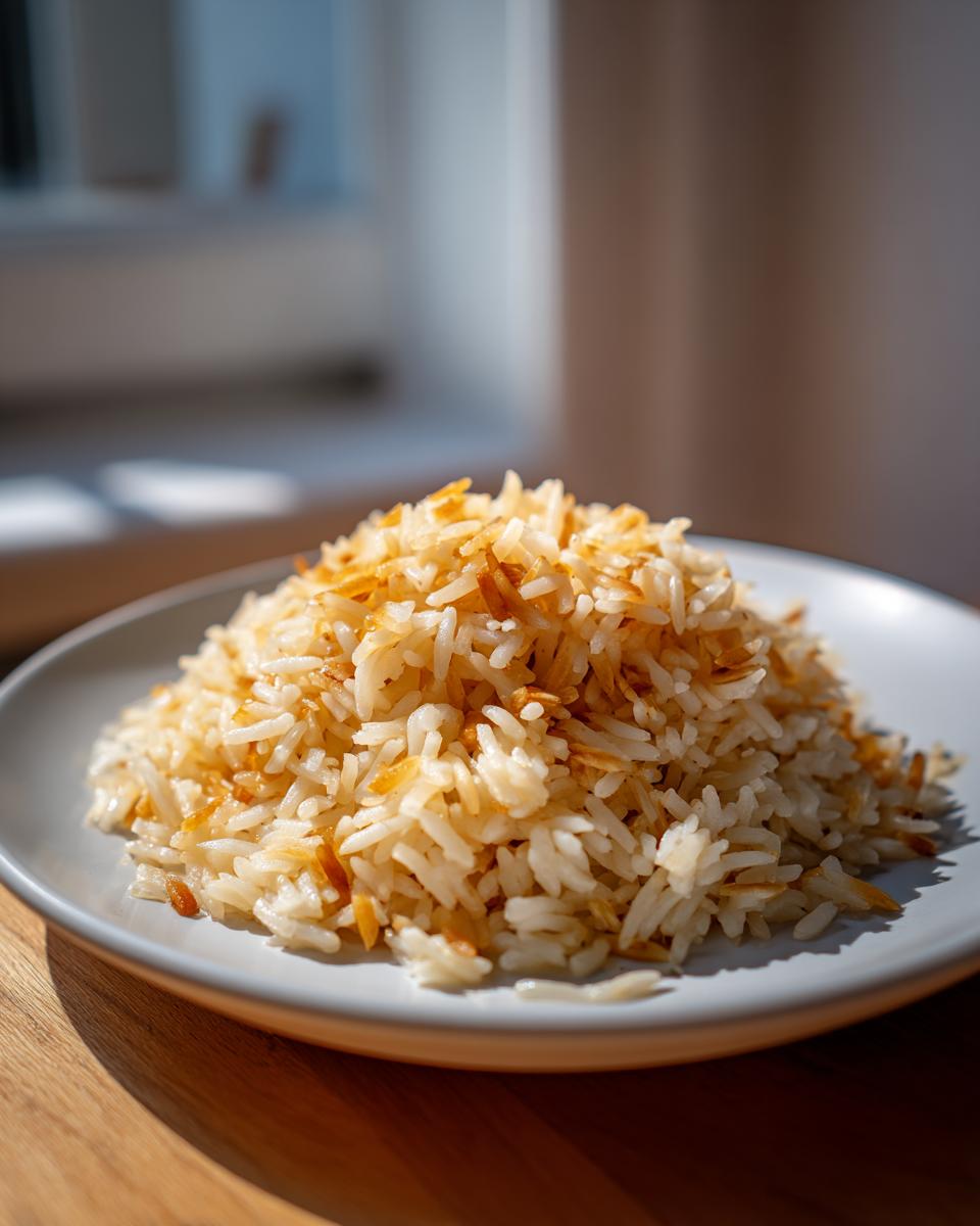 Close-up of a mound of fluffy rice pilaf mixed with golden-brown toasted vermicelli on a light grey plate.