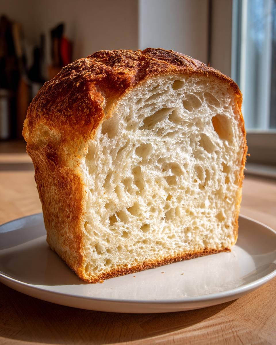 A thick slice of fluffy sourdough bread showing an open, airy crumb structure and golden crust.
