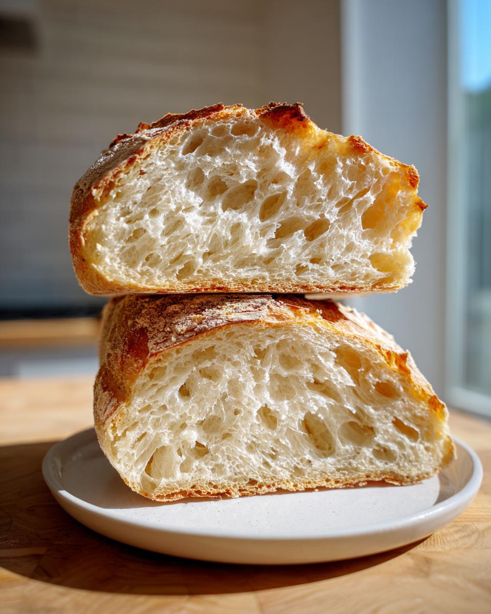 Two halves of fluffy sourdough bread stacked, showing an open, airy crumb structure.