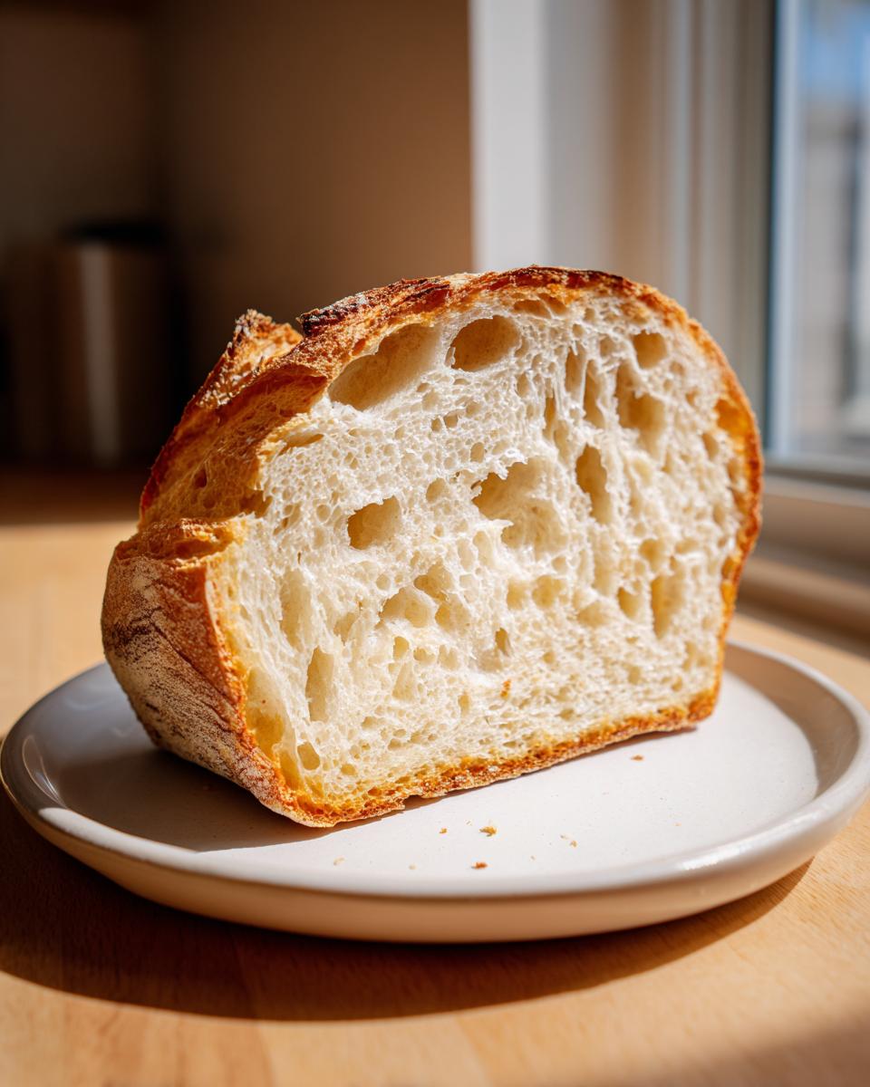 Cross-section of fluffy sourdough bread showing an open, airy crumb structure and golden crust.
