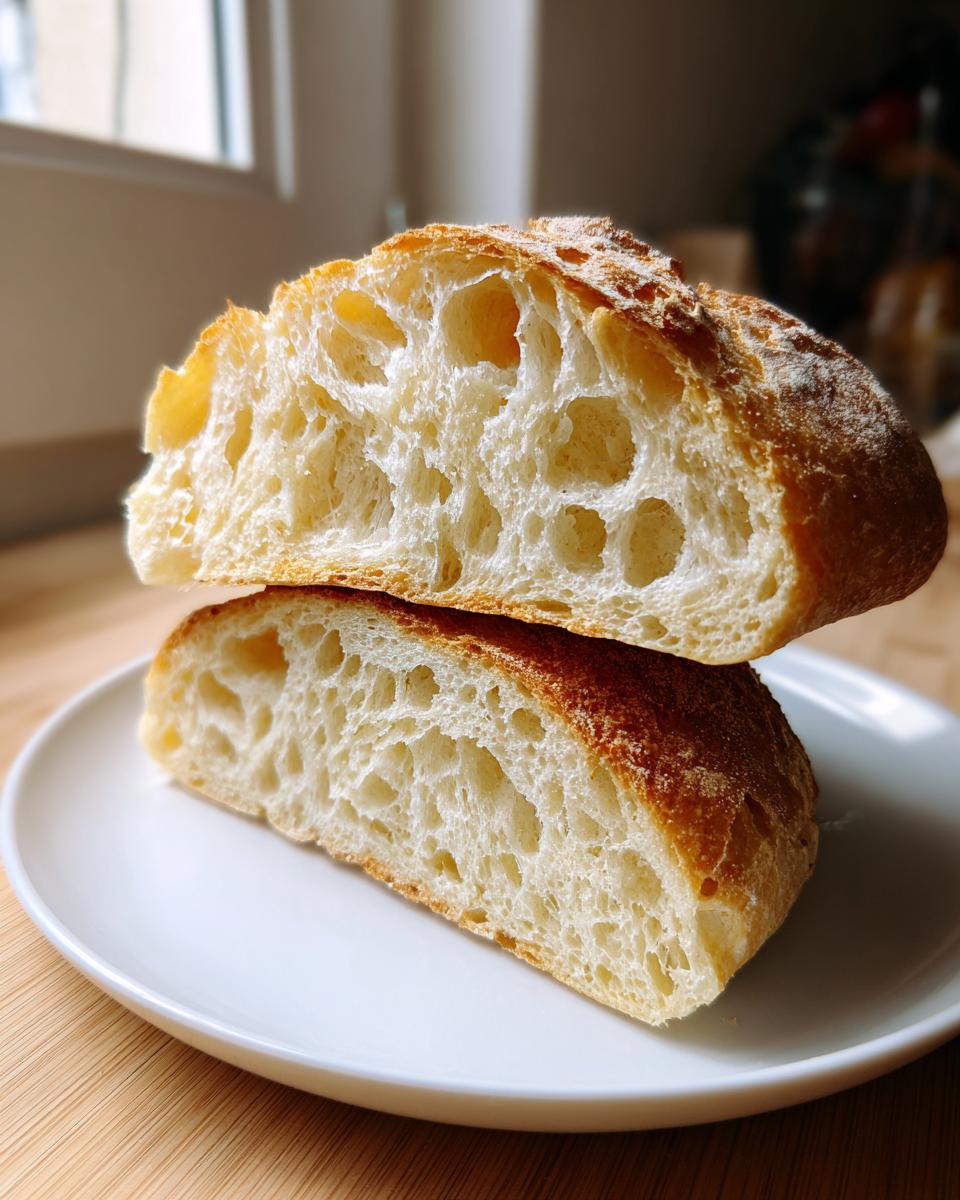 Two halves of fluffy sourdough bread stacked, showing an open, airy crumb structure.