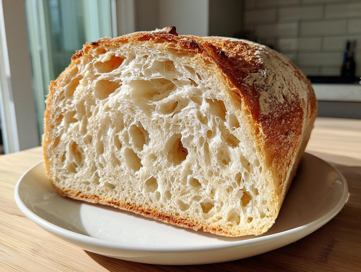 Cross-section of fluffy sourdough bread showing an open, airy crumb structure.