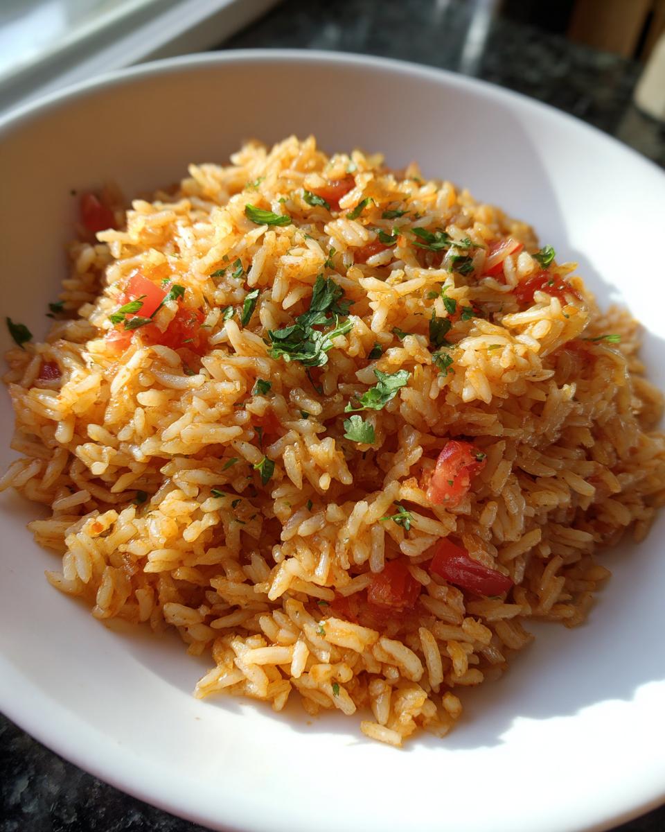A close-up of fluffy spanish rice mixed with diced tomatoes and topped with fresh cilantro in a white bowl.