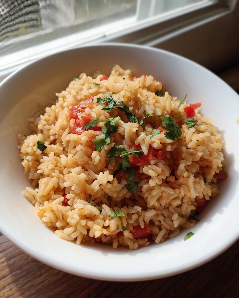 A close-up of fluffy spanish rice mixed with diced tomatoes and topped with fresh cilantro in a white bowl.