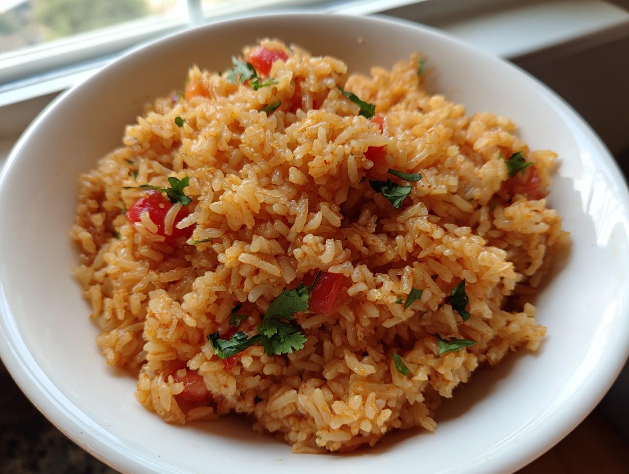 Close-up of fluffy spanish rice mixed with diced tomatoes and cilantro in a white bowl.