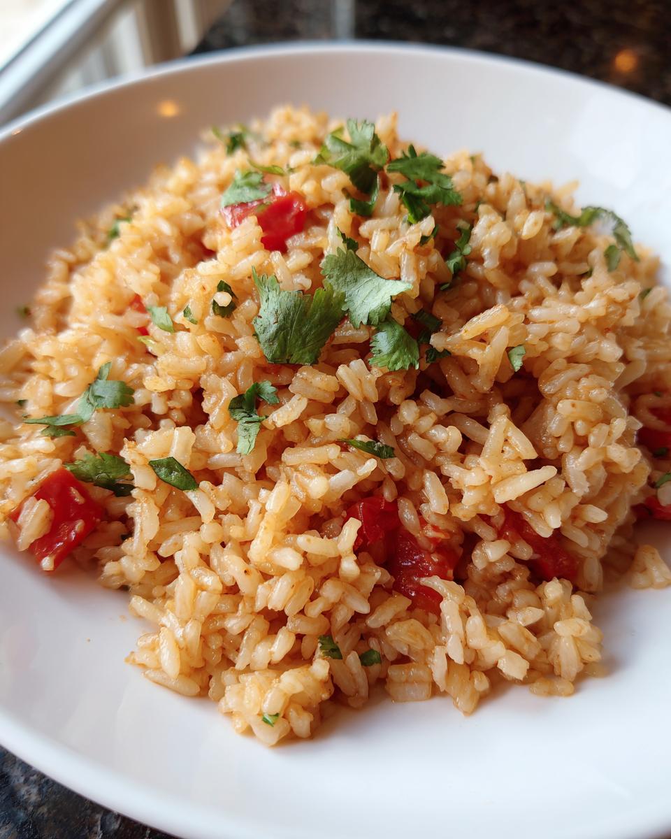 Close-up of fluffy spanish rice mixed with diced tomatoes and topped with fresh cilantro.