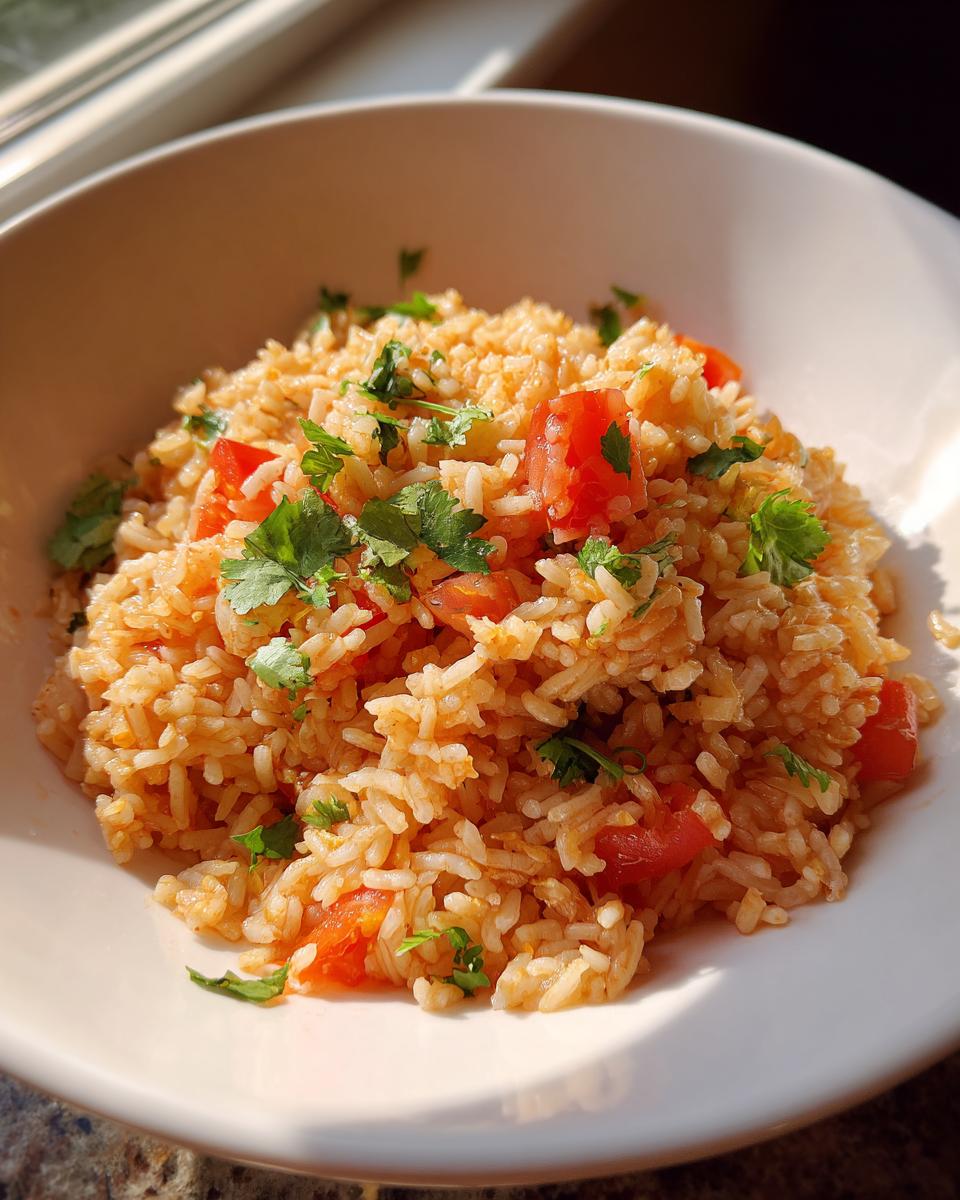 Close-up of fluffy spanish rice mixed with diced red tomatoes and topped with fresh cilantro.