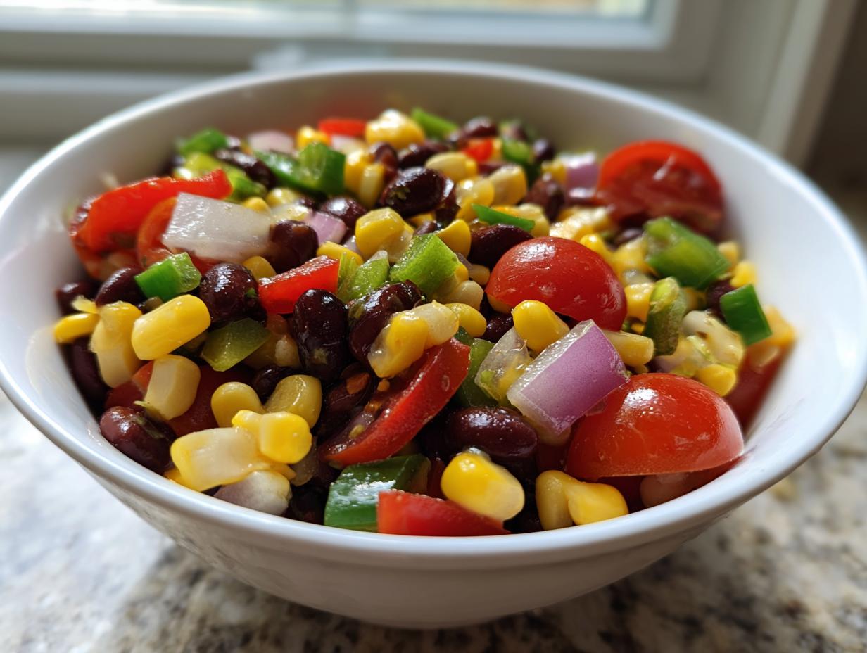 Close-up of a white bowl filled with fresh cowboy caviar, featuring black beans, corn, tomatoes, and peppers.