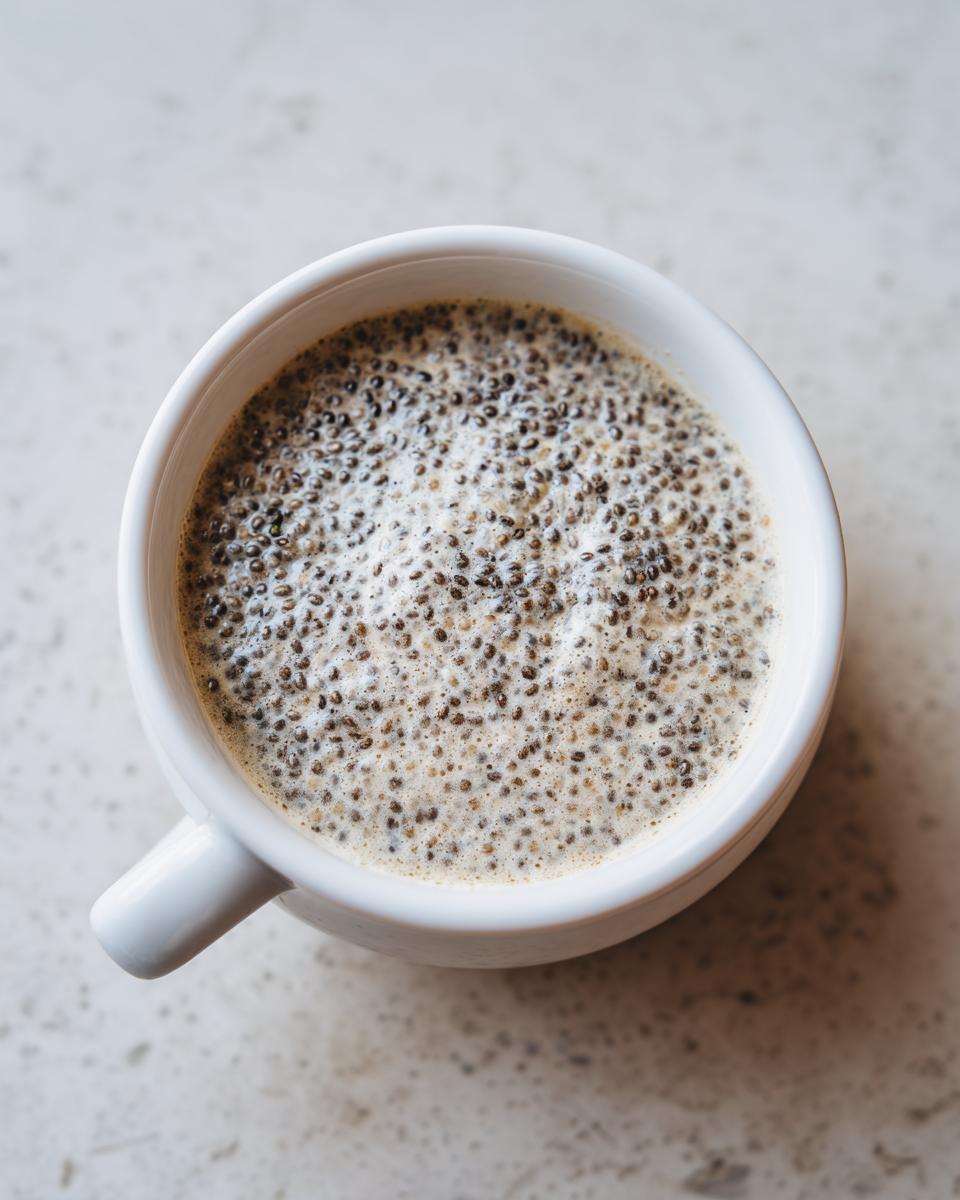 Overhead view of freshly prepared chia seed pudding with visible swollen chia seeds in a white mug.
