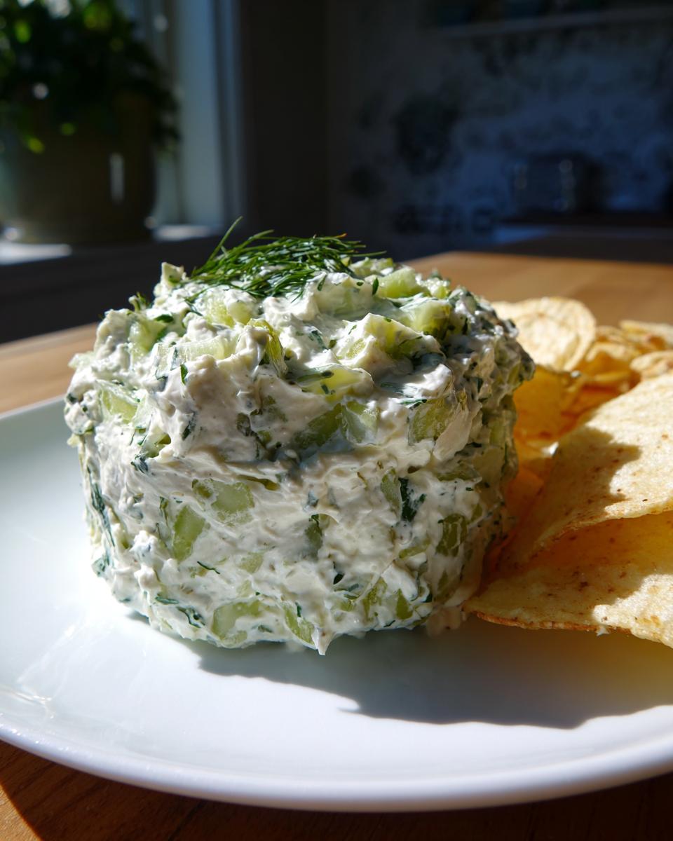 A mound of creamy dill pickle dip mixed with chopped pickles and topped with fresh dill, served next to tortilla chips.