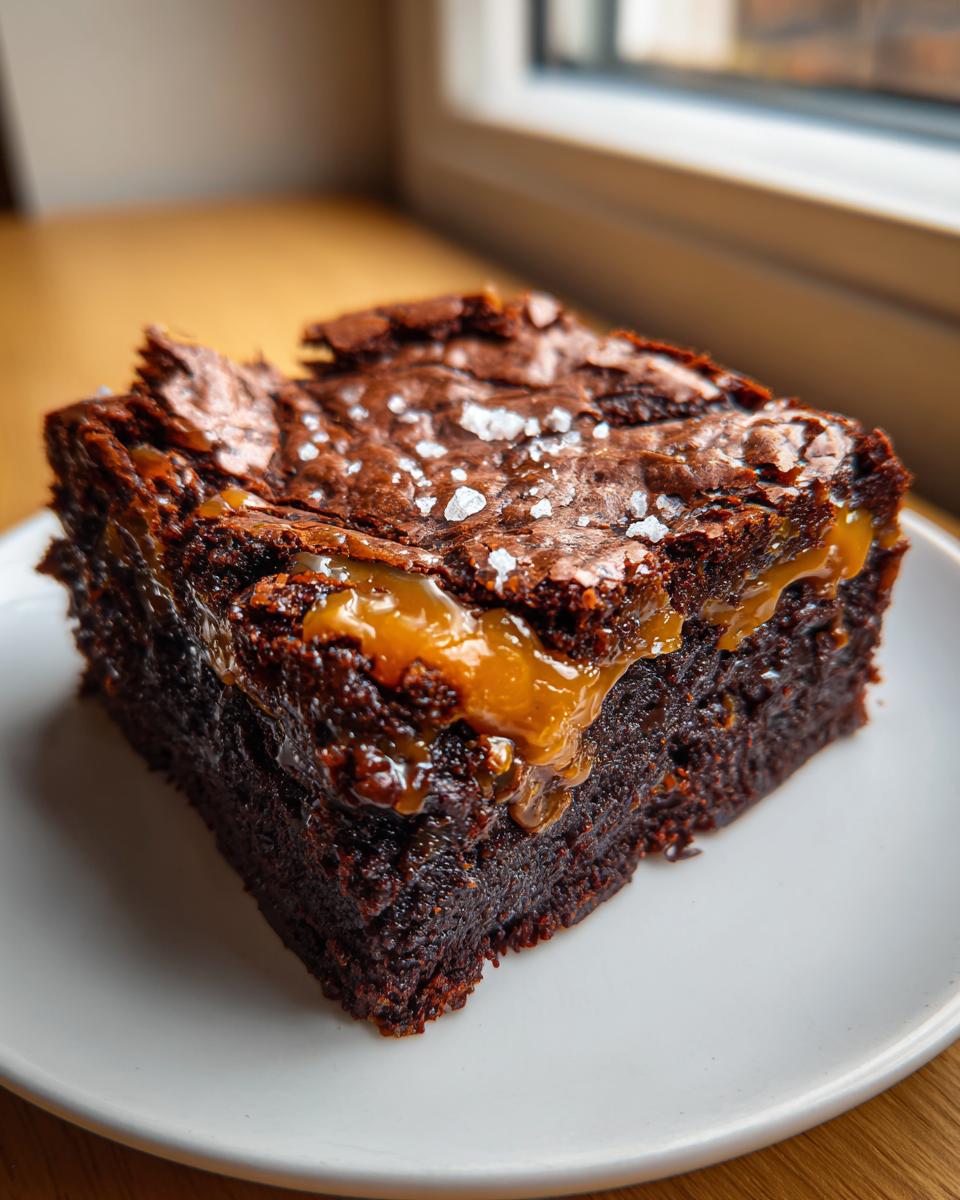 A close-up of a fudgy square of caramel brownies topped with gooey caramel and flaky sea salt.