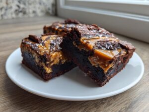 Close-up of three fudgy caramel brownies topped with swirls of caramel and coarse sea salt.