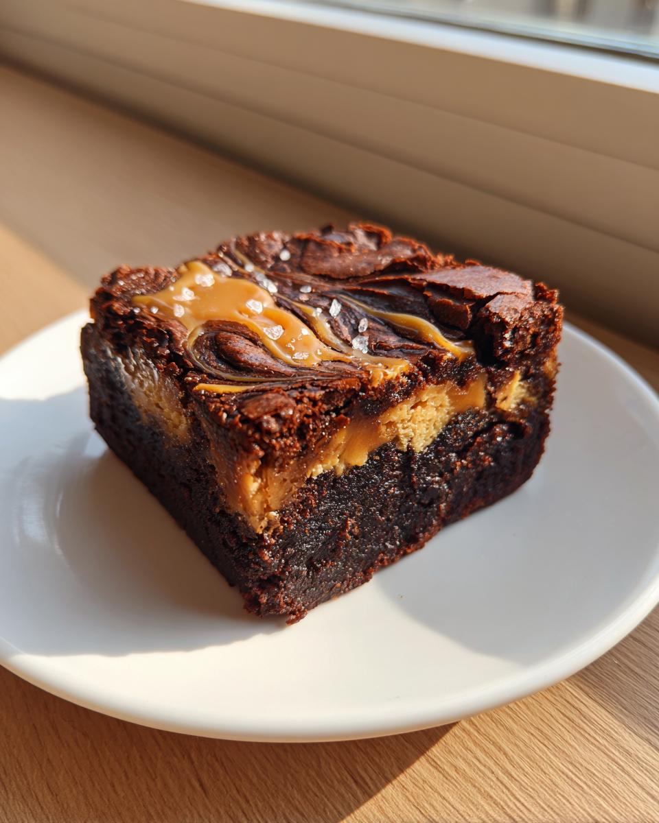 A thick, fudgy square of caramel brownies swirled on top with sea salt flakes.