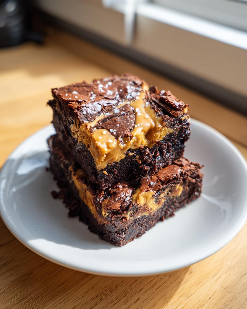 Two stacked, fudgy caramel brownies topped with a swirl of caramel and sprinkled with sea salt.