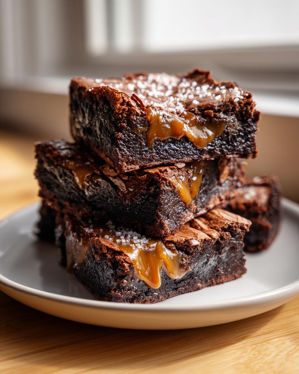 A stack of four fudgy caramel brownies oozing with gooey caramel and topped with sea salt flakes.