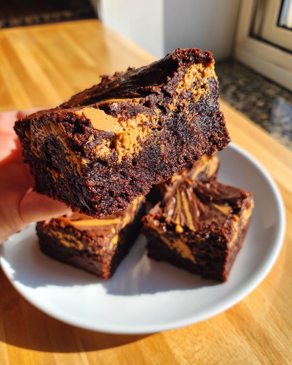 A hand holds up a thick, fudgy piece of peanut butter swirl brownies showing the rich chocolate interior.