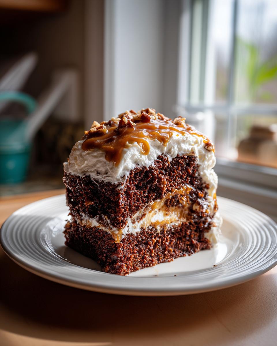 A tall slice of rich german chocolate poke cake layered with cream and caramel, topped with pecans.