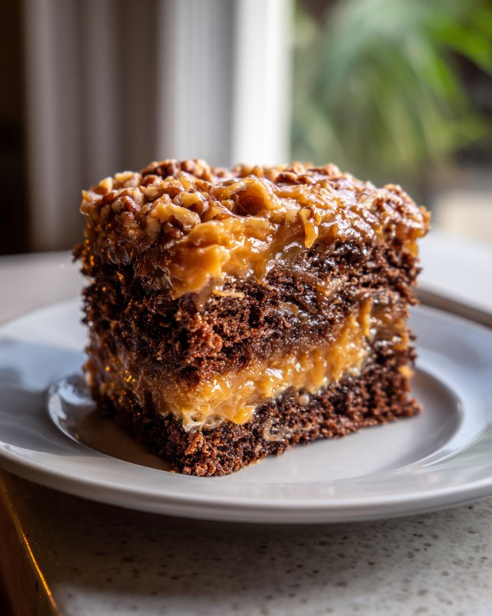 A rich slice of german chocolate poke cake with gooey caramel filling and pecan topping on a white plate.