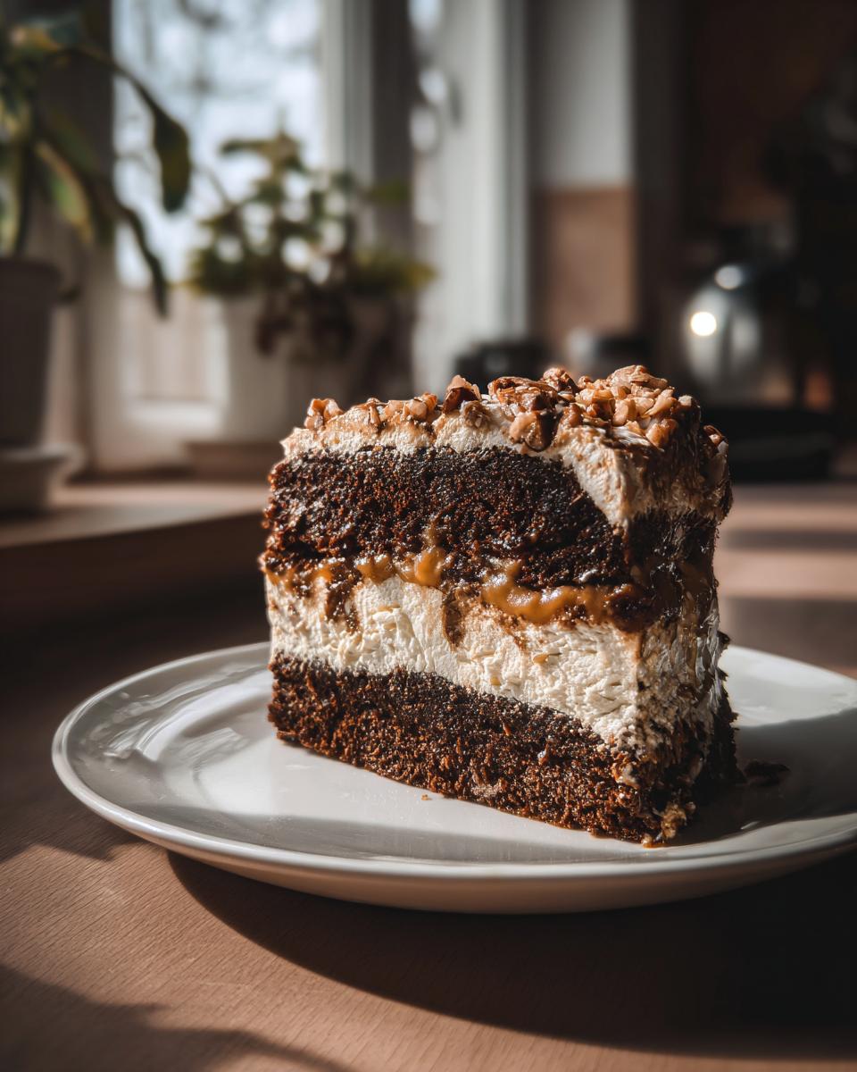A rich slice of german chocolate poke cake with layers of dark chocolate cake, cream filling, and nuts on top.