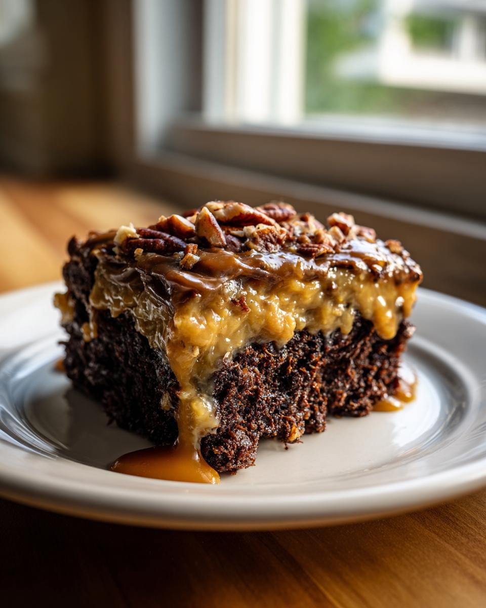 A close-up of a rich slice of german chocolate poke cake topped with gooey caramel frosting and chopped pecans.
