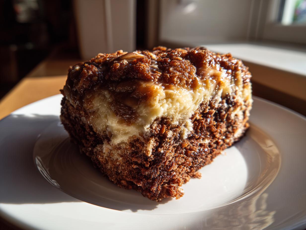A moist slice of german chocolate poke cake showing chocolate cake layers and creamy filling, topped with glaze.
