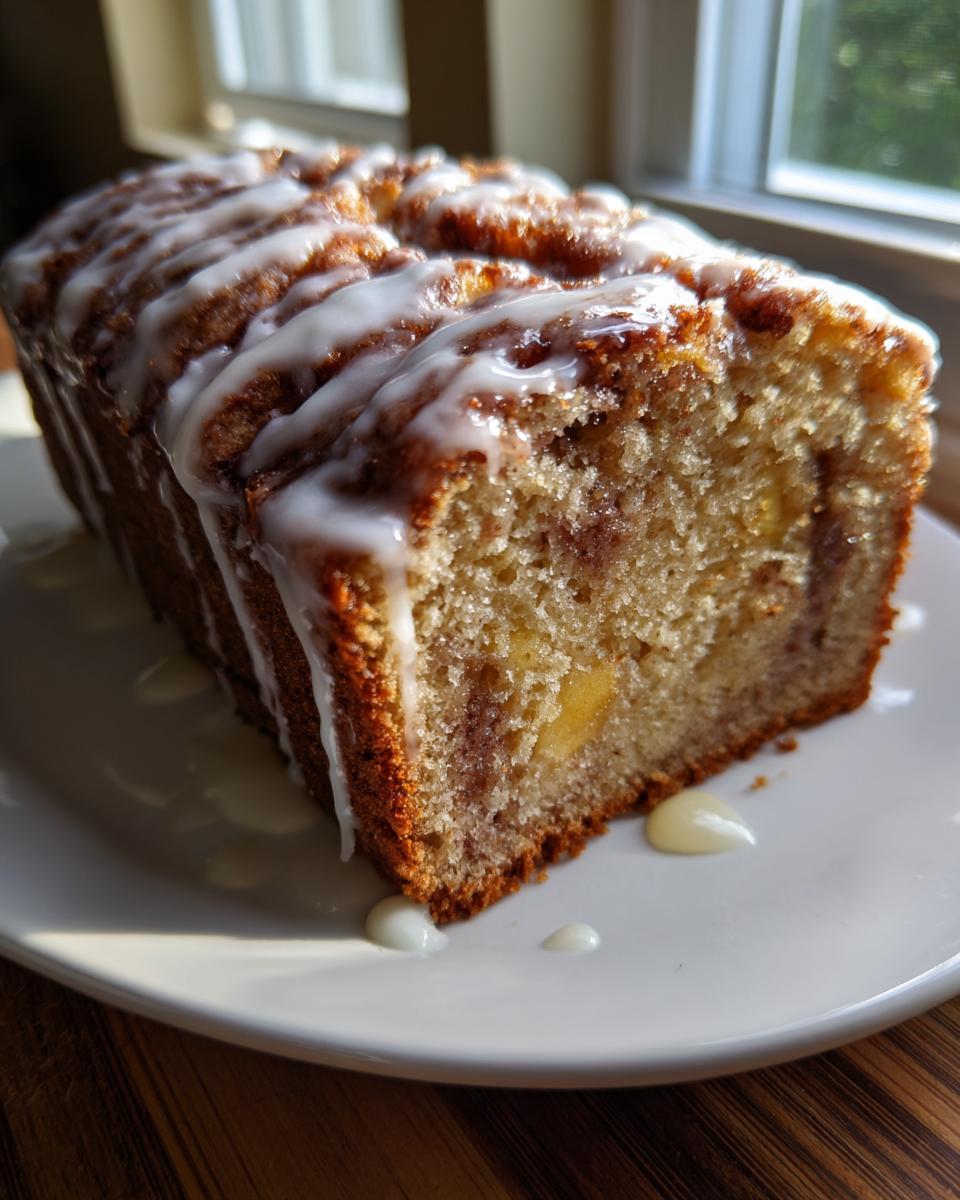 A moist slice of apple fritter bread with visible apple chunks and a thick vanilla glaze drizzled on top.