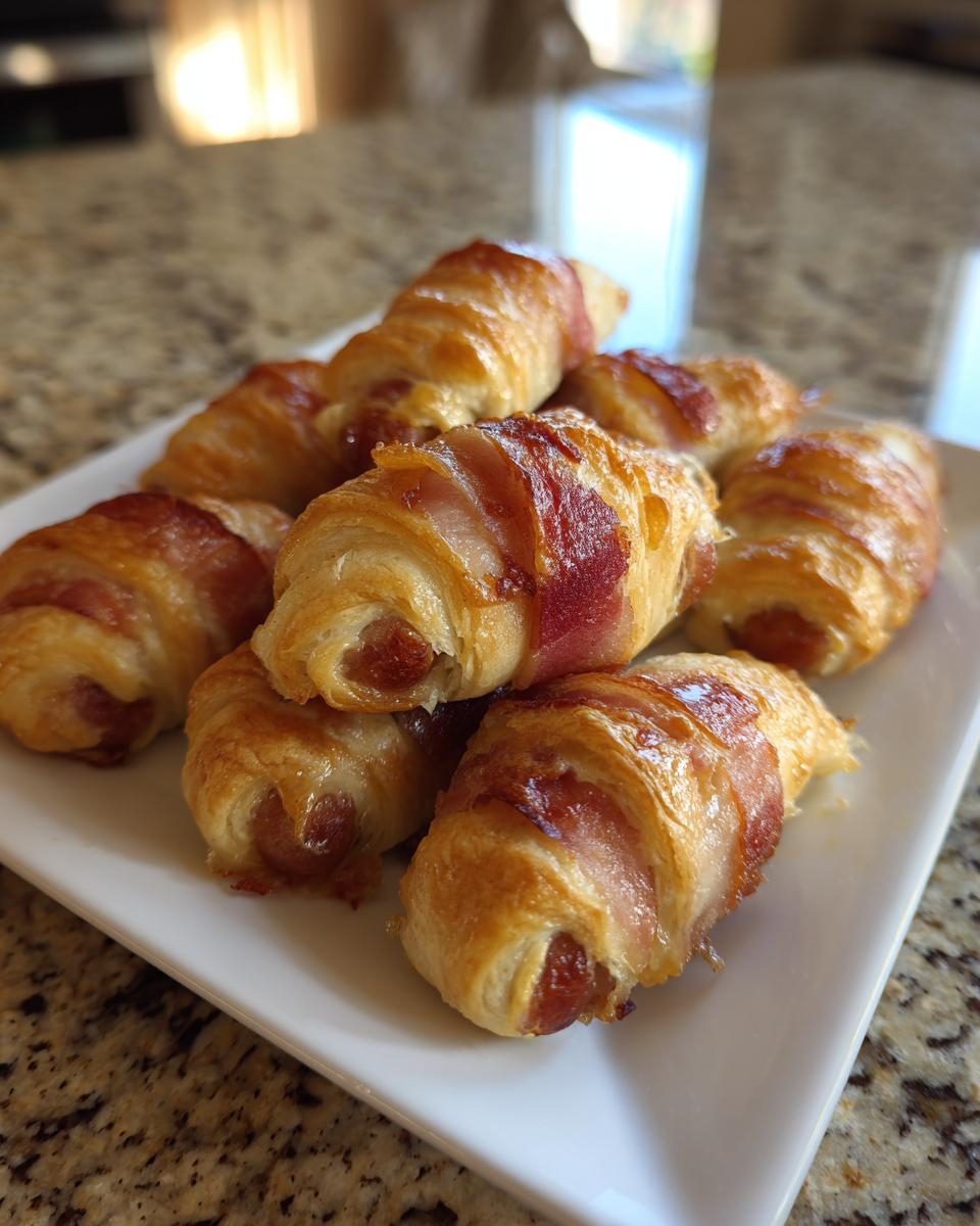 A pile of golden brown, flaky pigs in a blanket wrapped in bacon on a white rectangular plate.