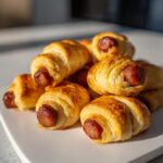 A pile of golden brown, flaky pastry pigs in a blanket stacked on a white plate.