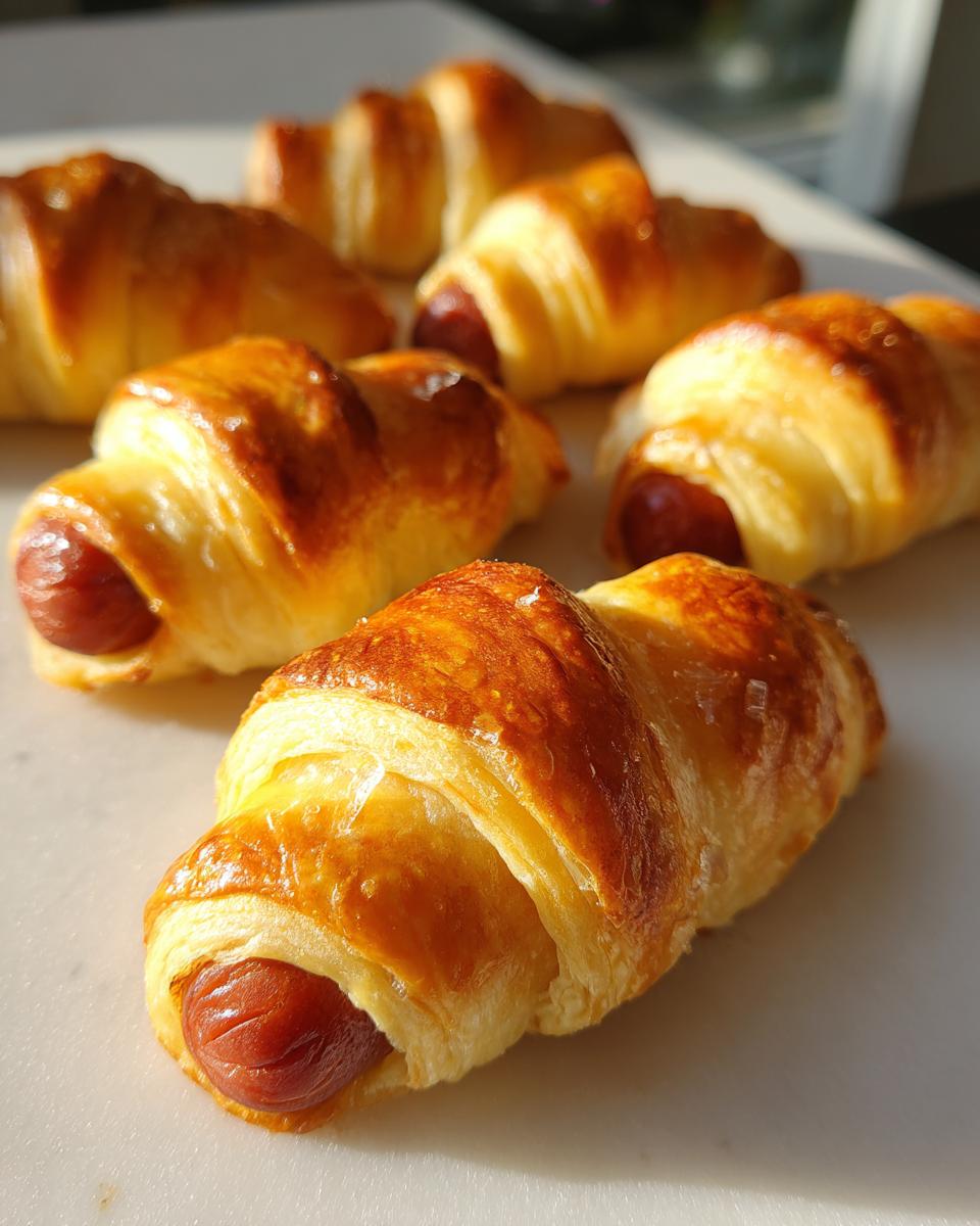 Close-up of freshly baked, golden brown pigs in a blanket wrapped in flaky pastry.