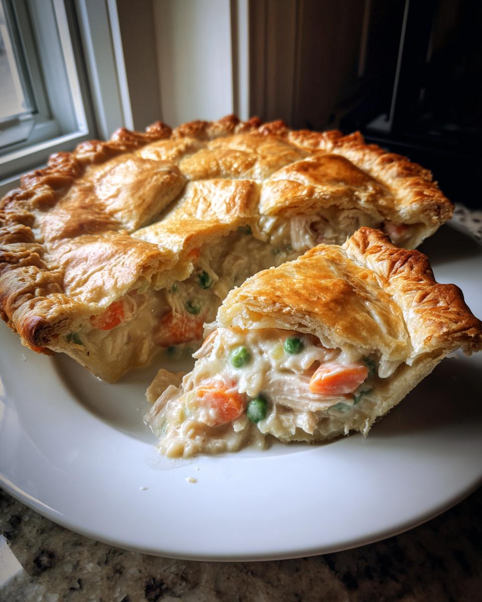 A slice of creamy chicken pot pie recipe showing flaky crust, chicken, peas, and carrots on a white plate.