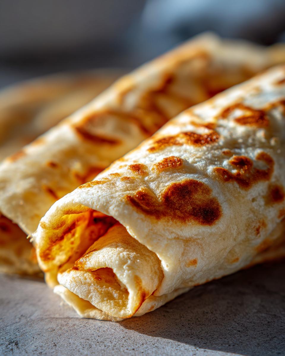 Close-up of a golden brown, rolled cottage cheese wrap showing its slightly charred surface texture.
