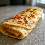 A golden brown, rolled cottage cheese wrap with nicely browned spots resting on a gray countertop.