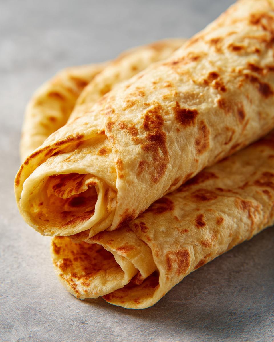 Close-up of two rolled, golden-brown cottage cheese wrap tortillas stacked on a grey surface.