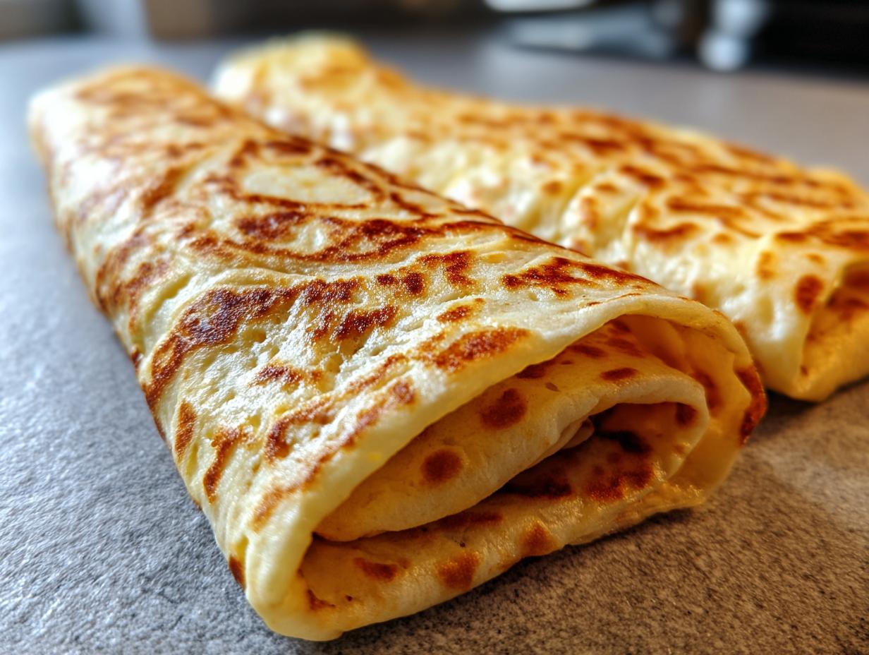 Close-up of two golden brown, rolled cottage cheese wrap tortillas on a grey surface.