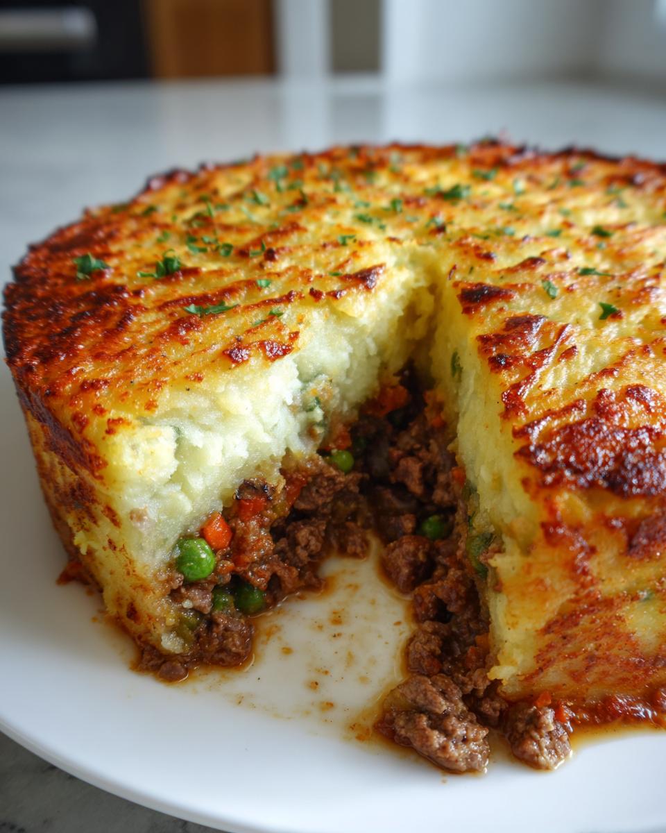 A close-up of a rich cottage pie recipe with a slice removed, showing the savory meat filling and crispy mashed potato topping.