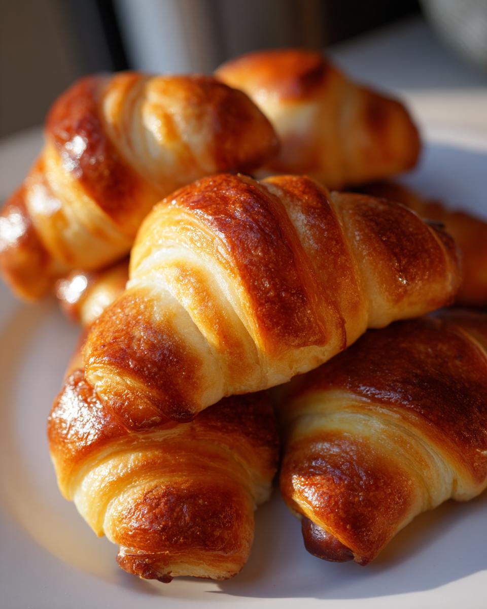 Close-up of several golden brown, flaky croissants, which are used to make pigs in a blanket.
