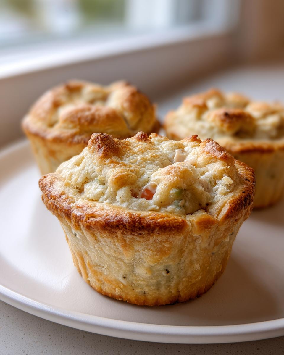 Close-up of a golden brown mini chicken pot pie with a flaky crust sitting on a white plate.