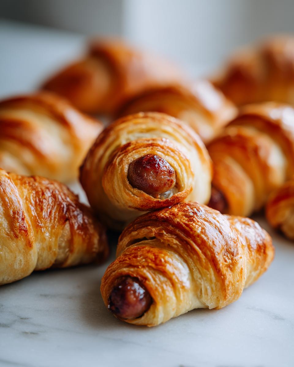 Close-up of freshly baked, golden brown pigs in a blanket made with crescent rolls and small sausages.