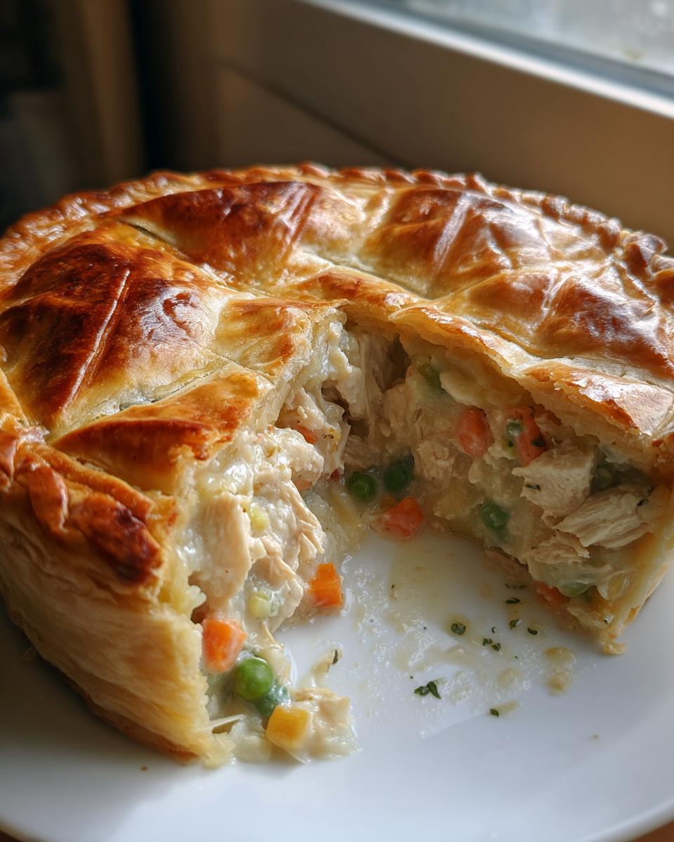 A close-up of a freshly baked pot pie recipe, cut open to show creamy chicken filling and vegetables under a flaky, golden crust.