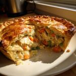A golden brown pot pie recipe with a piece cut out, revealing creamy chicken, carrots, and peas inside.